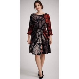 Tibi 100% Silk‎ Dress Abstract Red Black Gray Print Flowy Pleated Waist Elegant